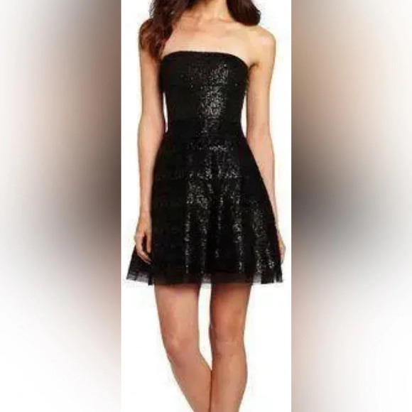BCBGMAXAZRIA Strapless Sequin taffeta Black Cocktail prom holidays lace mini US6 - Picture 1 of 5